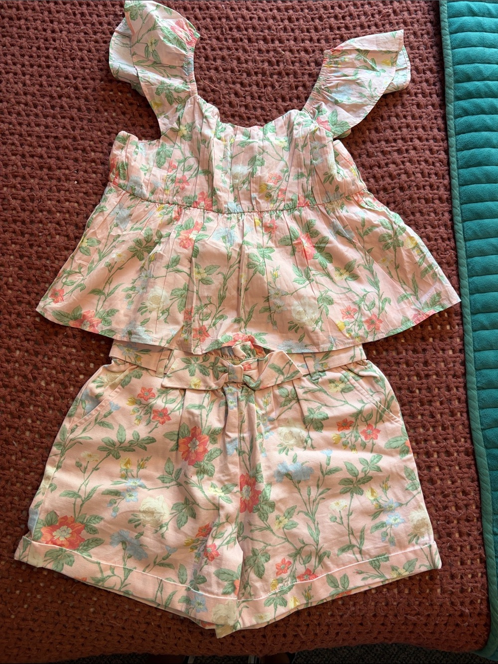 New Janie and Jack Peach Floral Ruffle Top and matching shorts NWT
